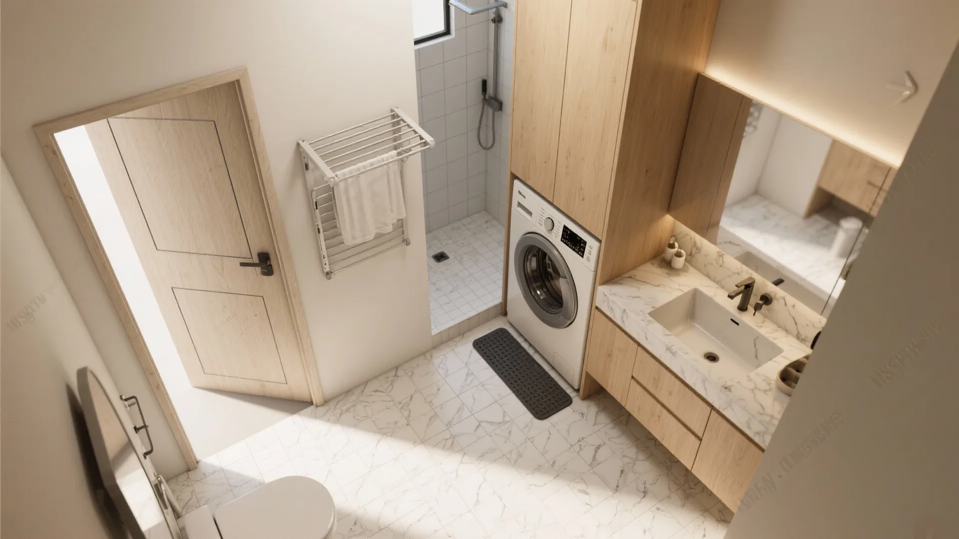 High angle view of bathroom with wood door shower and washing machine under tall cabinet