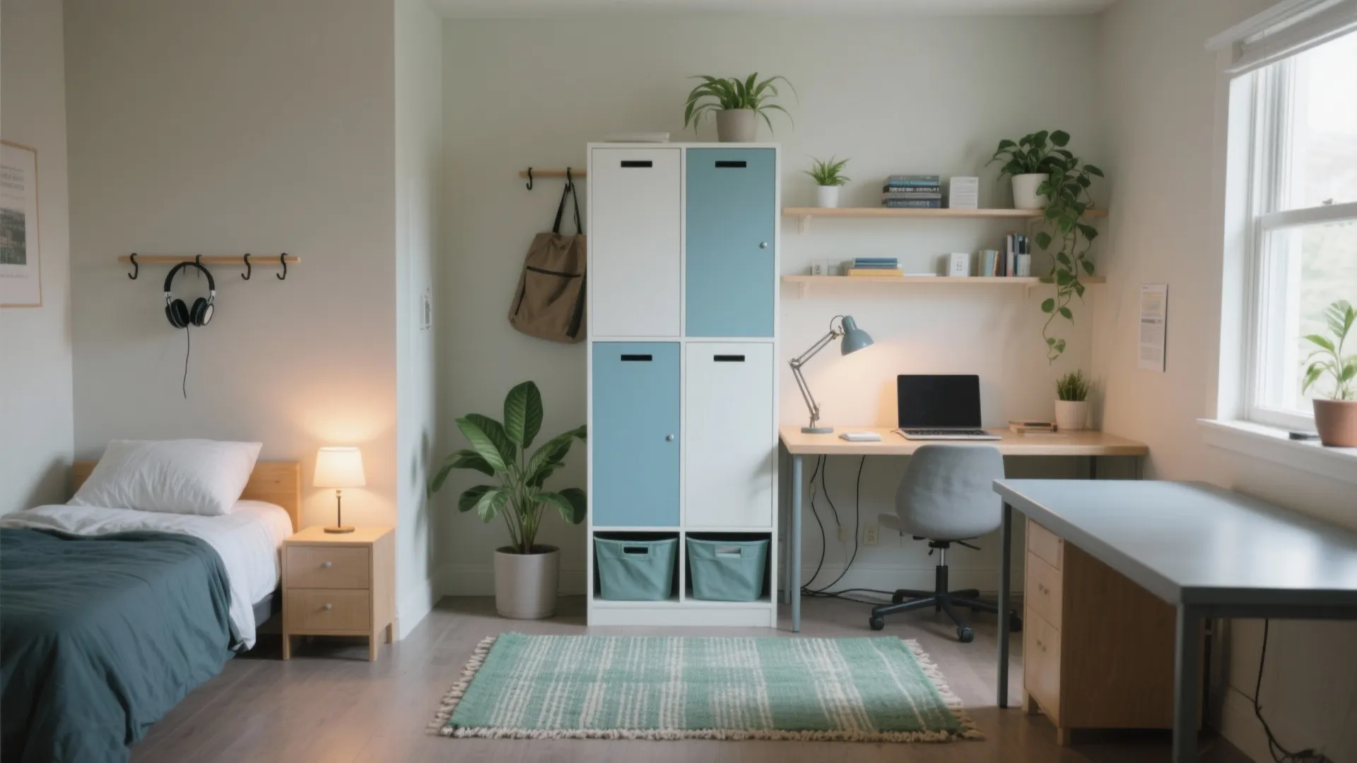 Modern dorm room interior design with bed desk tall storage cabinet plants and natural light