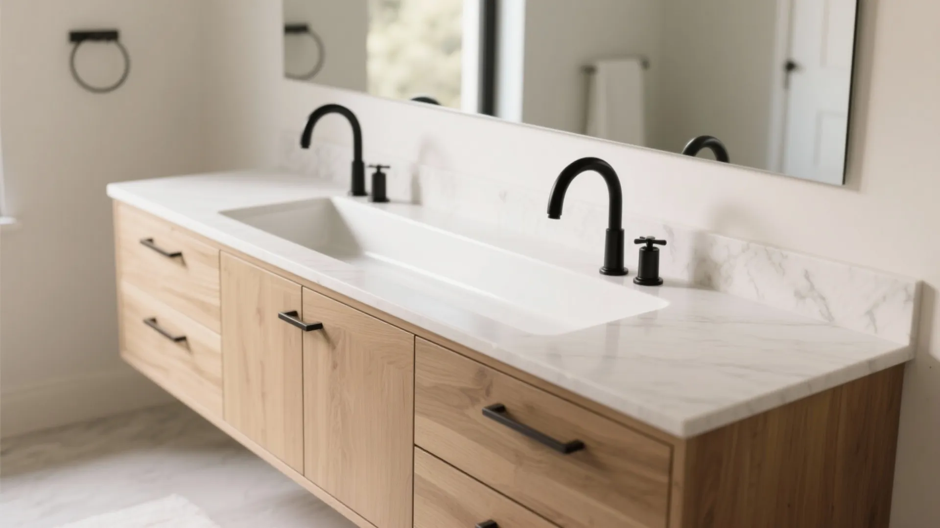 Modern bathroom wooden vanity with marble countertop double black faucets and a large wall mounted mirror