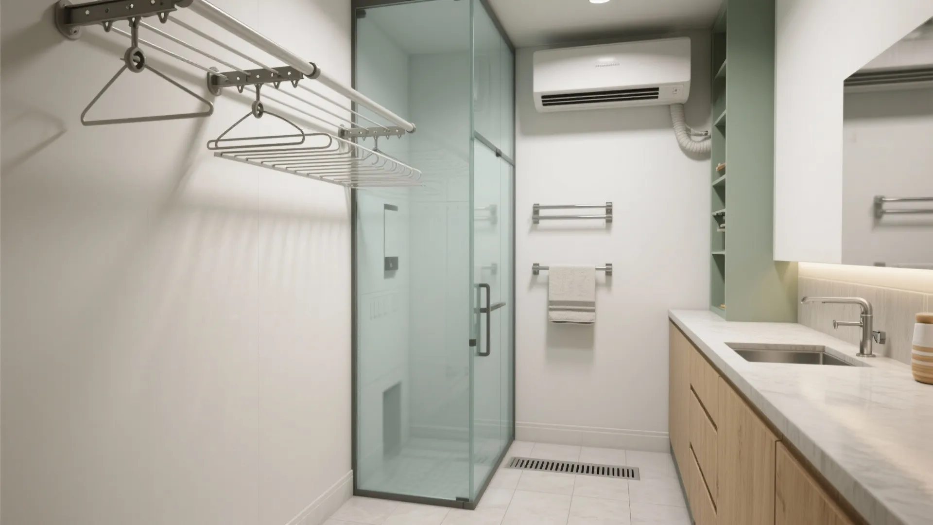 Modern laundry room with glass shower cabin wall drying rack wooden cabinet and air conditioner unit