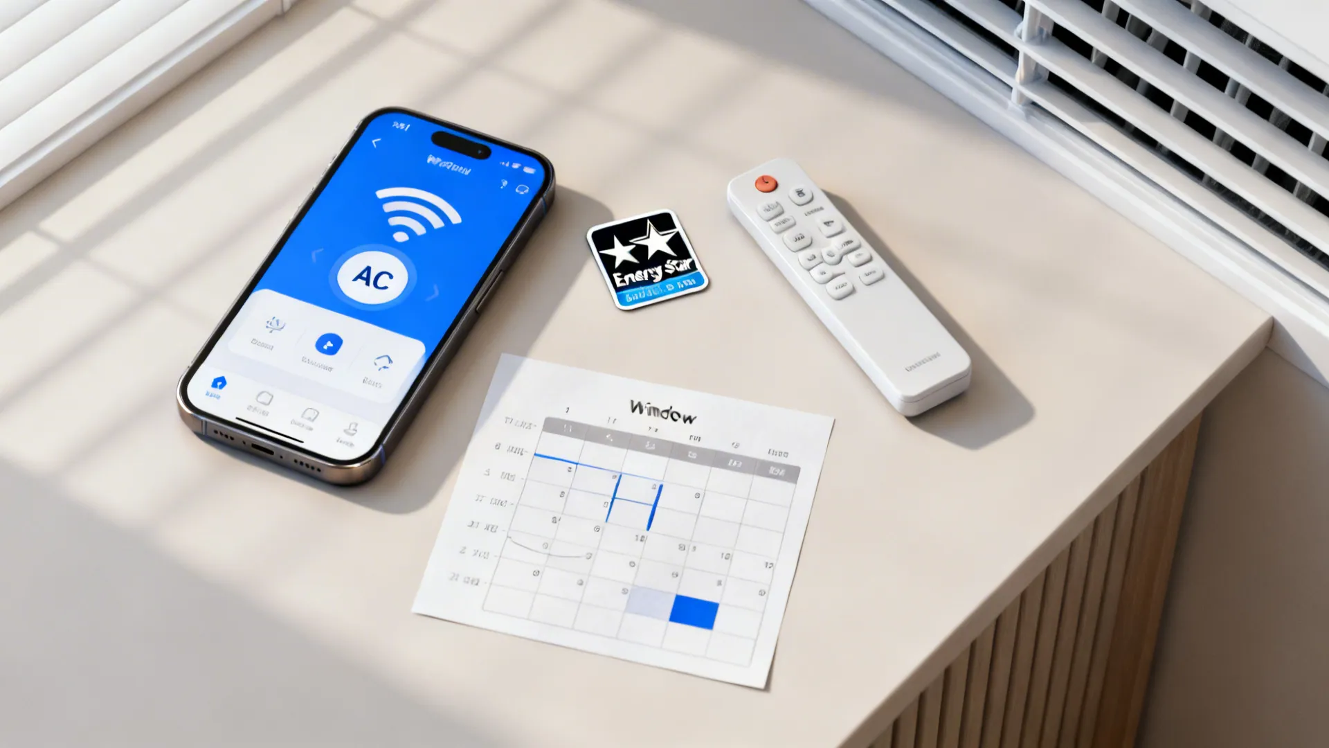 Flatlay of a smartphone showing a window AC app, an energy efficiency label mockup, and a remote.