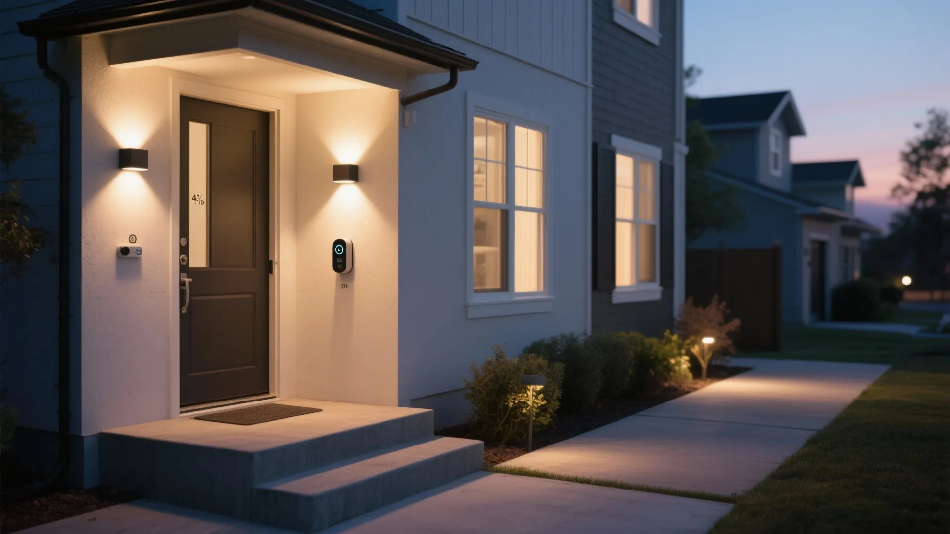 Smart-timed up down wall lights create a welcoming warm glow at a compact entry.
