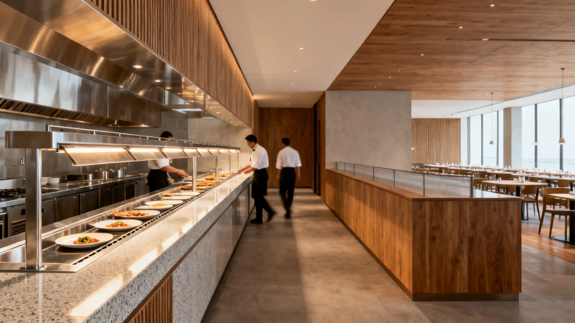 Minimalist expo line with a short linear pass, heated shelf, and shielded lamps in a refined kitchen.