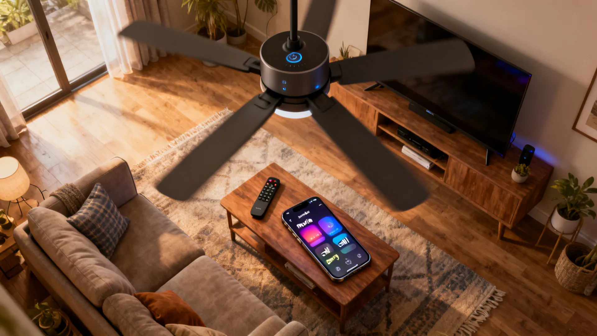 Smart ceiling fan with remote and app controls displayed in a media living room