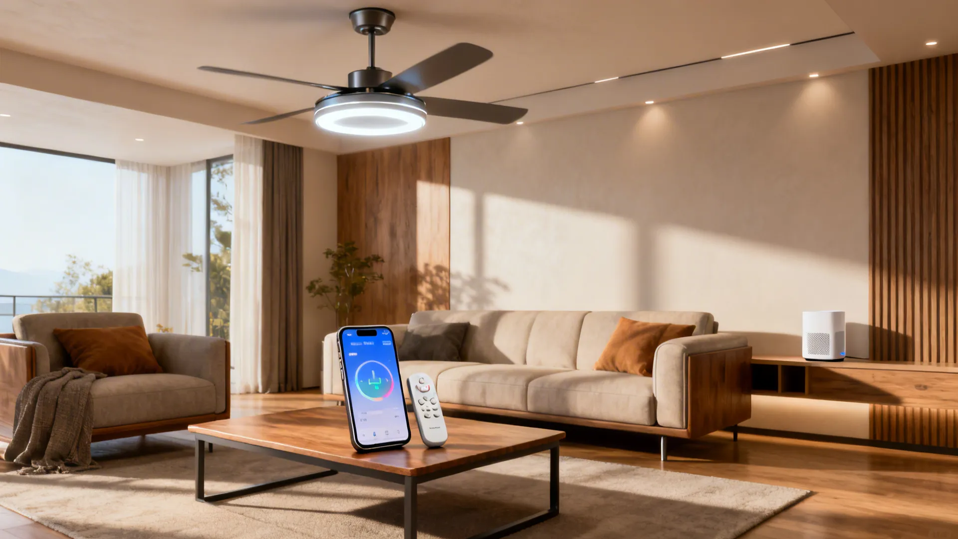 Smartphone with fan app and remote on coffee table in modern living room with fan