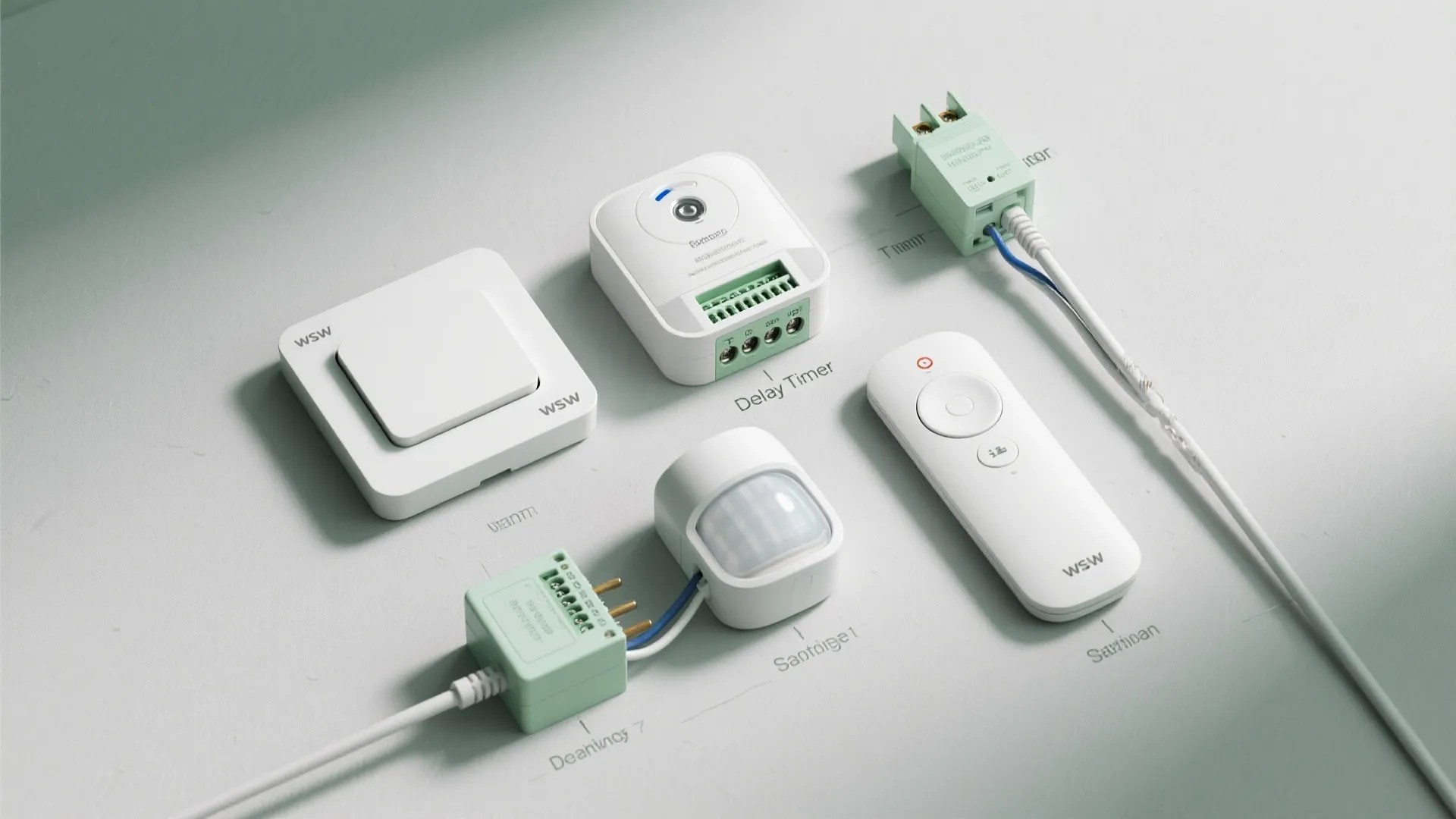 White smart light switch and remote control with a delay timer module and motion sensor
