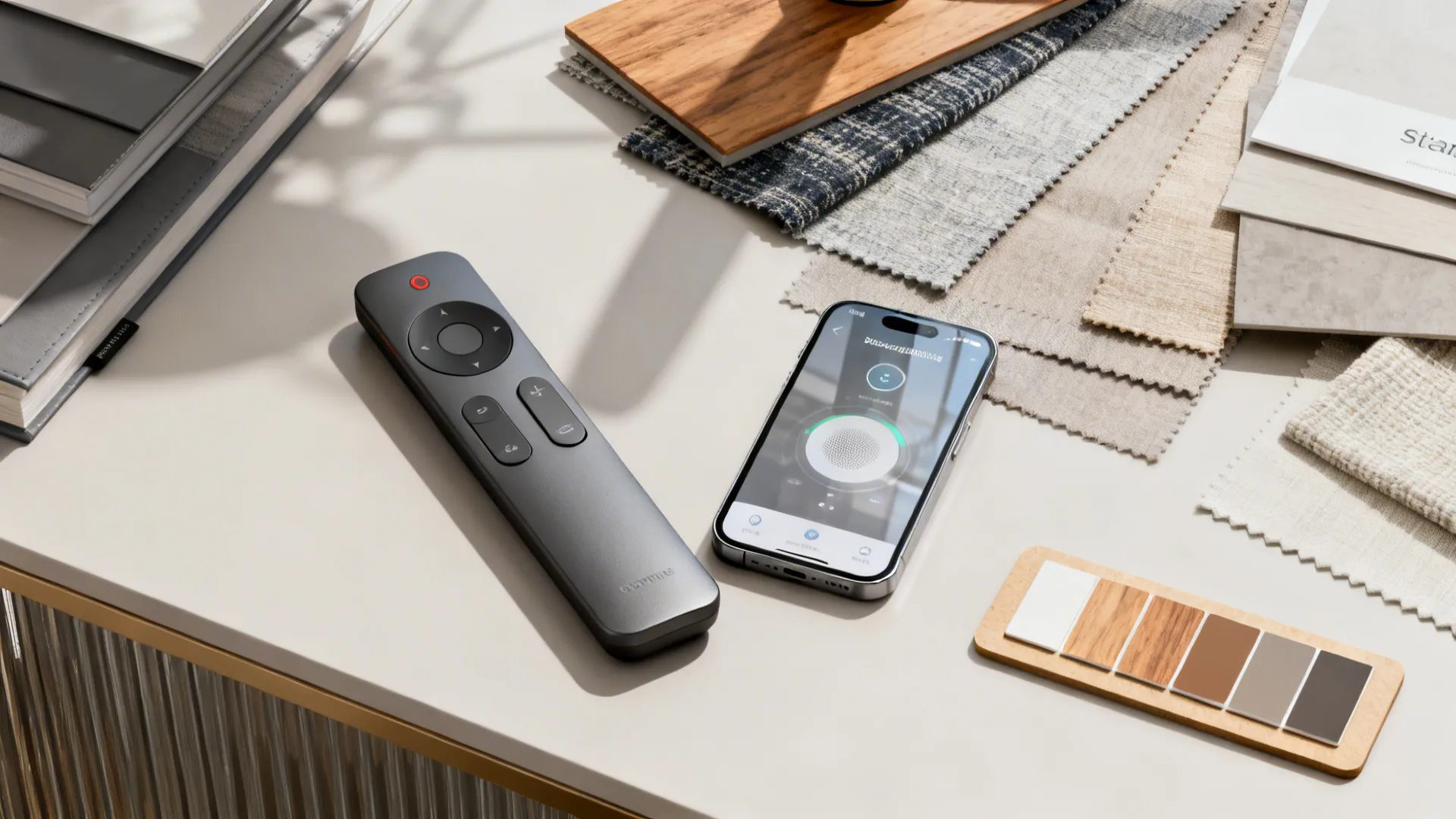 Flatlay of a slim smart fan remote, smartphone with voice assistant app, and material samples for finishes.