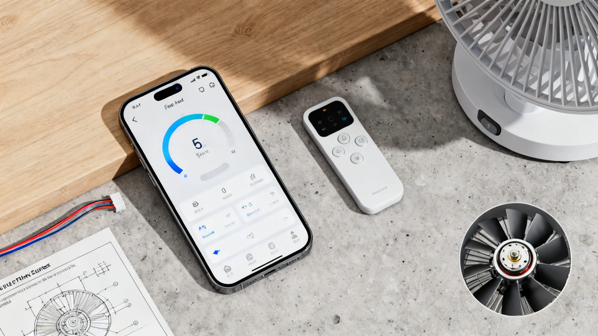 Flatlay of smart fan controls: smartphone app, remote, and motor components on a neutral tabletop.
