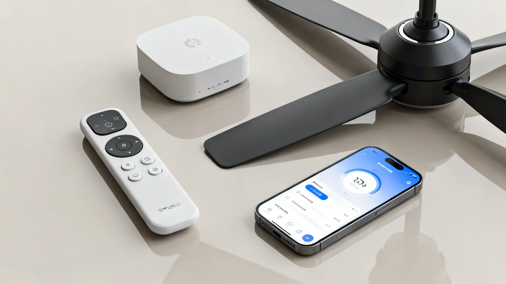 Flatlay of smart fan components and a phone displaying scheduling and voice control settings