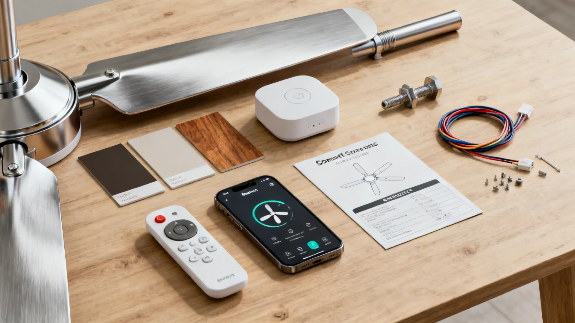 Flatlay of smart fan remote, smartphone app, hub, and finish swatches for integration planning.