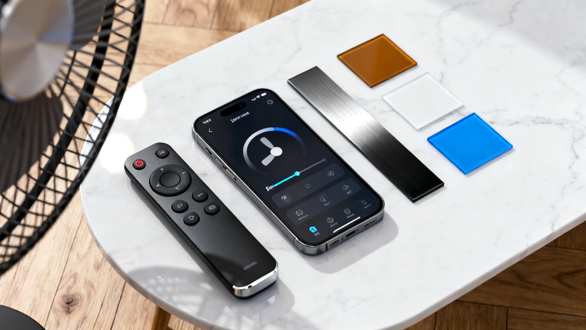 Smartphone app and remote control displayed on a marble table next to colorful material design samples