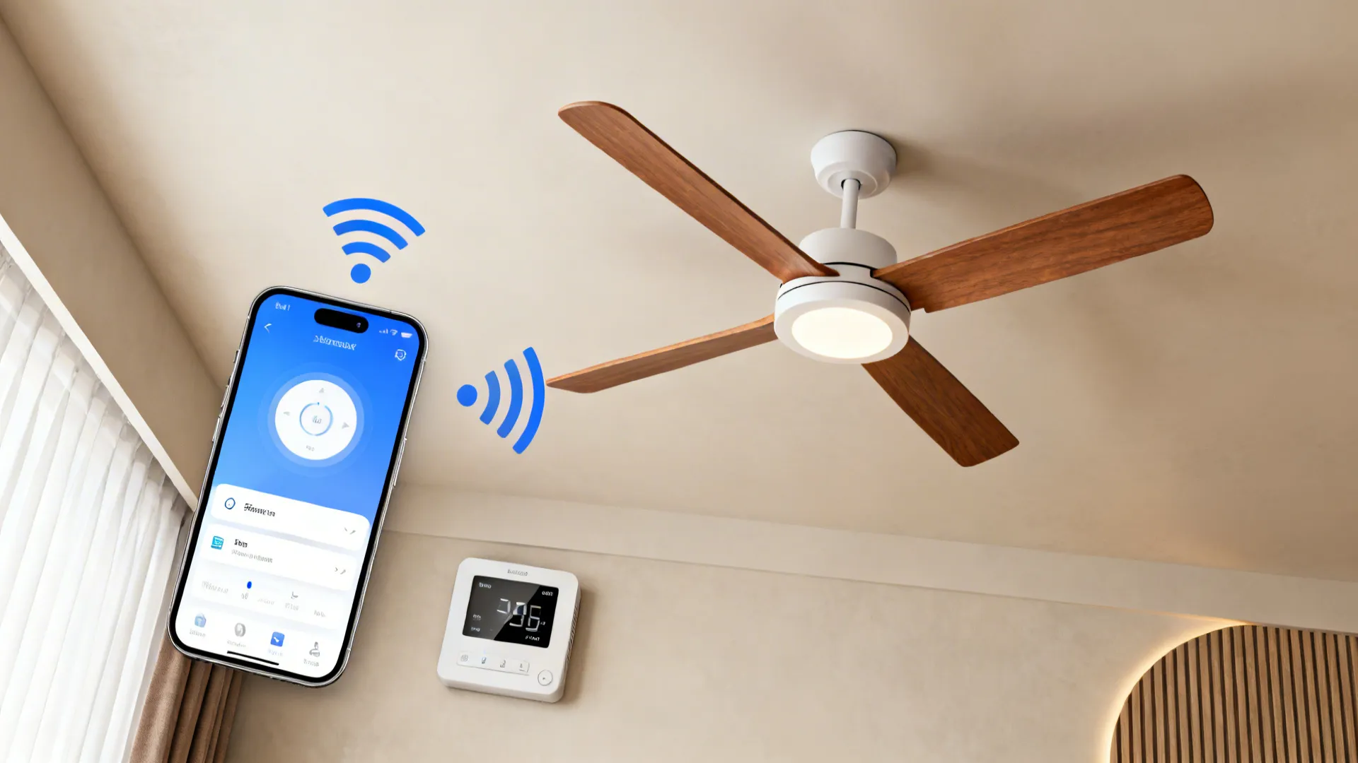 Smart ceiling fan integrated with smartphone app and thermostat