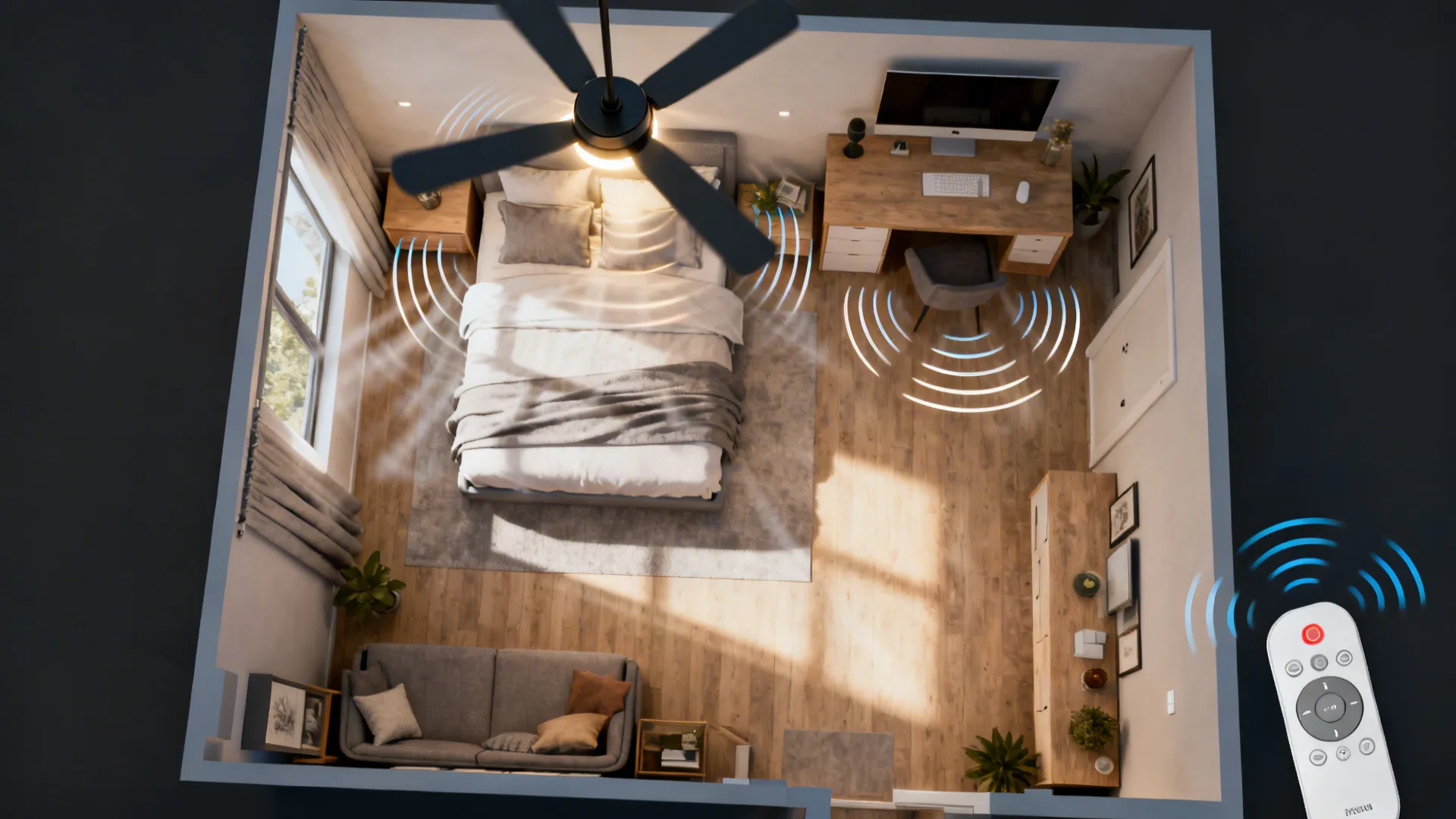 Top-down layout showing ceiling fan placement and remote/smart dimming coverage in a small bedroom.