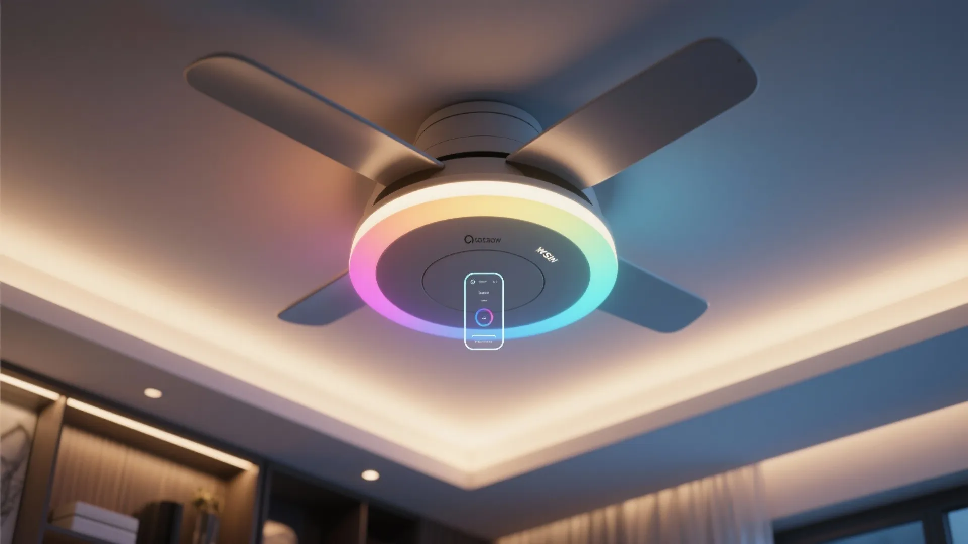 Smart ceiling fan with color-tunable LED ring showing cool to warm tones