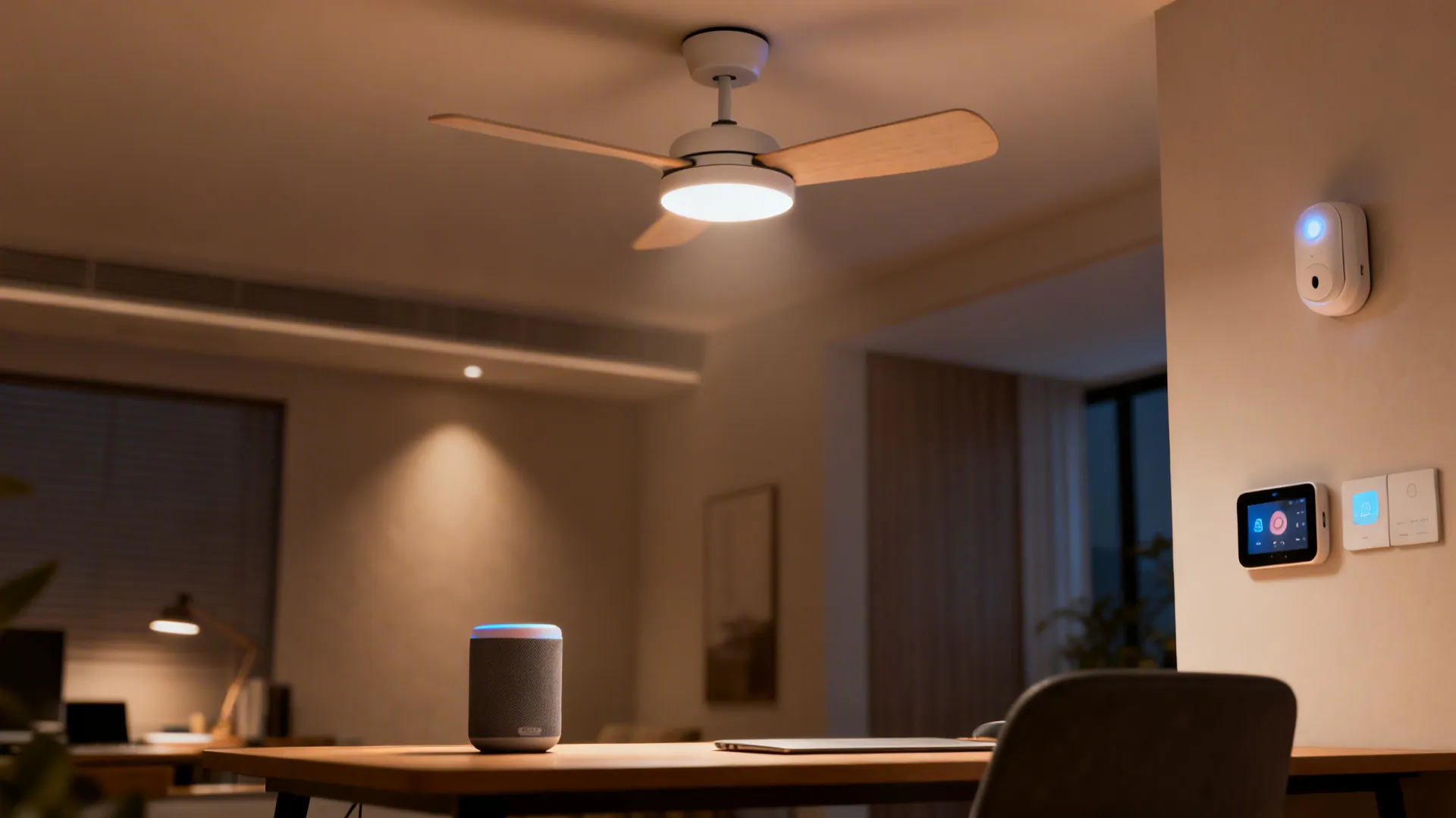 Smart-home office with a decorative compact ceiling fan integrated with voice control and motion sensor