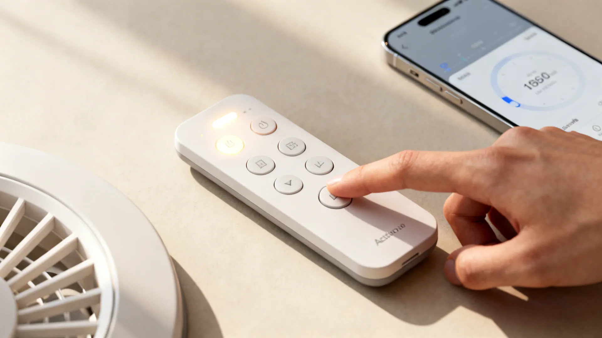 Close-up of a smart ceiling fan remote and smartphone app showing scheduling and dimmable light controls.