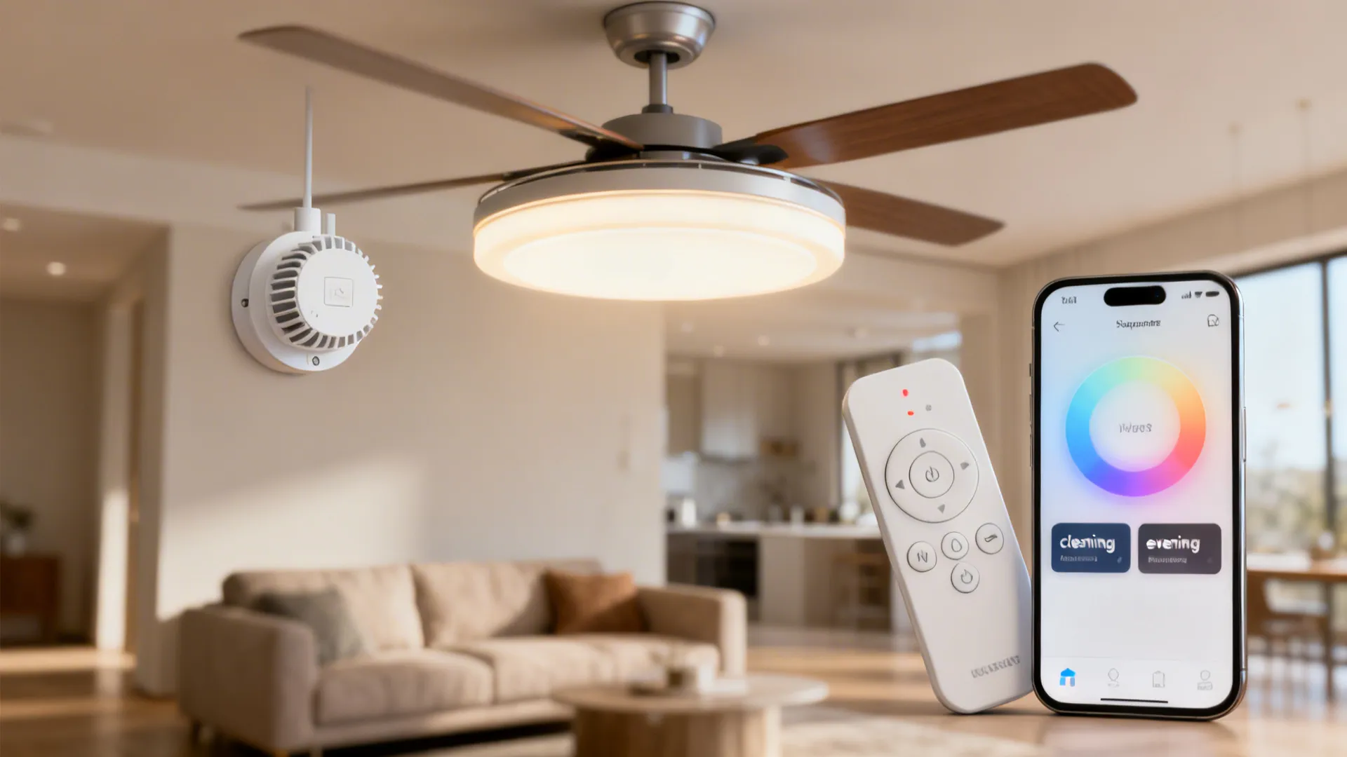 Modern ceiling fan with light shown with a remote control and a mobile phone app