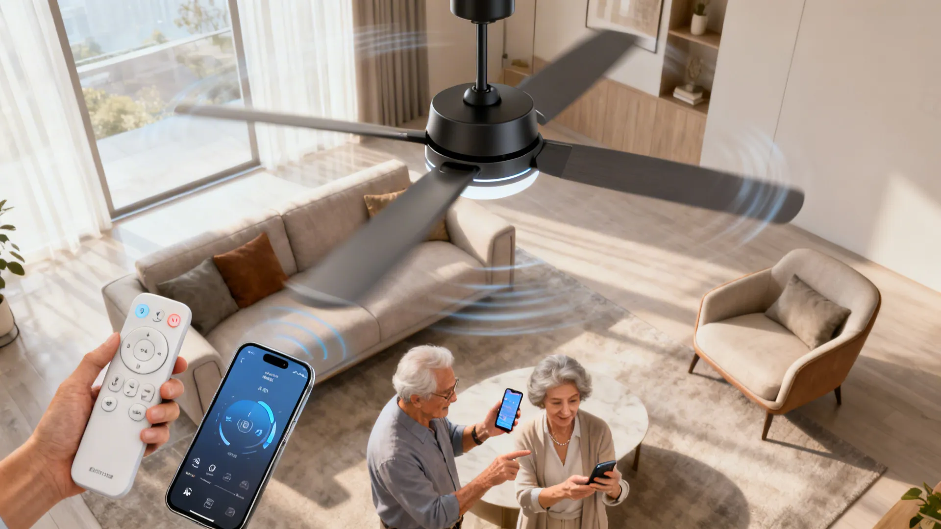 Black ceiling fan with light controlled by phone app and remote in modern living room