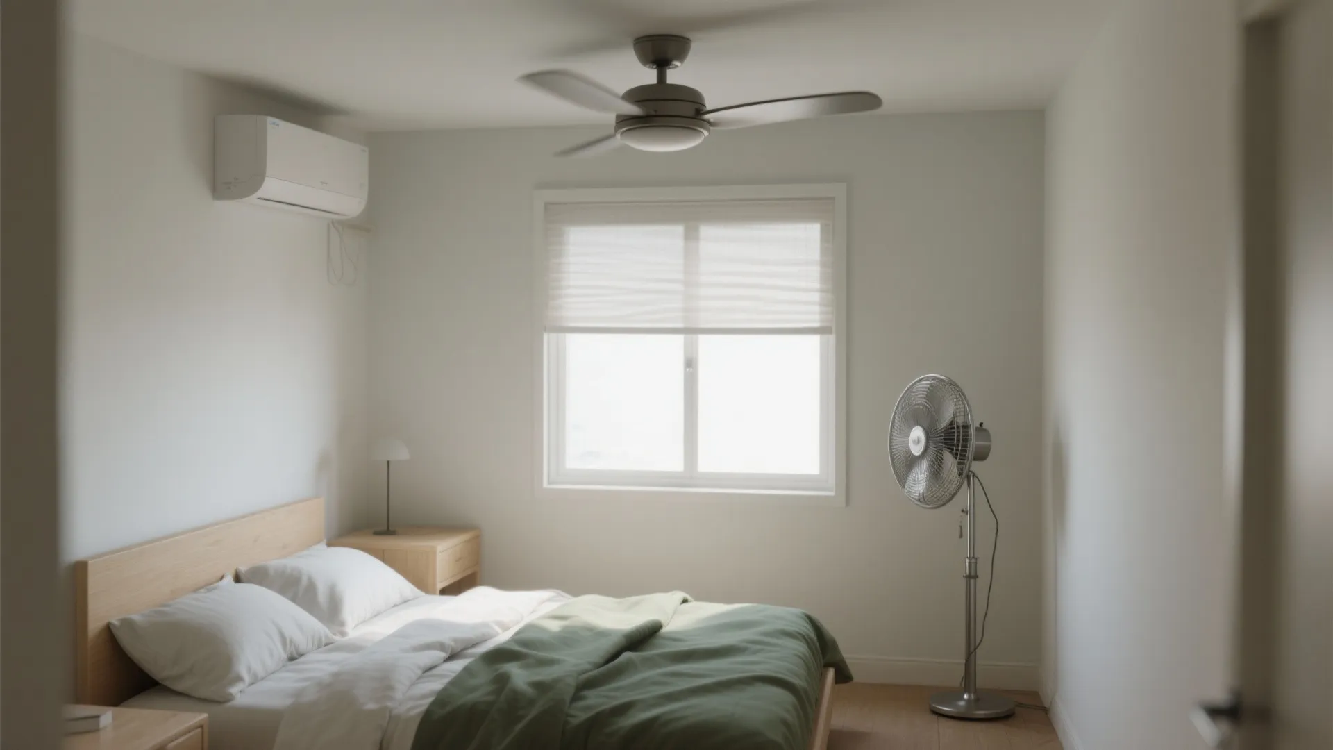 Minimalist bedroom featuring a wooden bed with green blanket ceiling fan and a standing fan