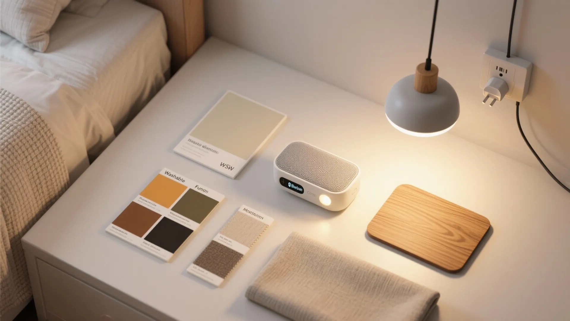 Table with color samples a small speaker a hanging light fixture and a wooden pad