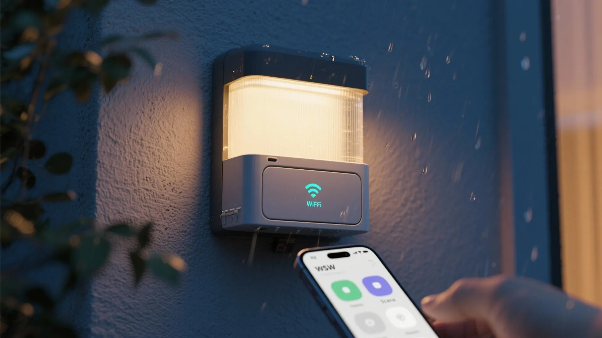 Smartphone app controlling a smart outdoor wall light fixture on a grey wall during rain
