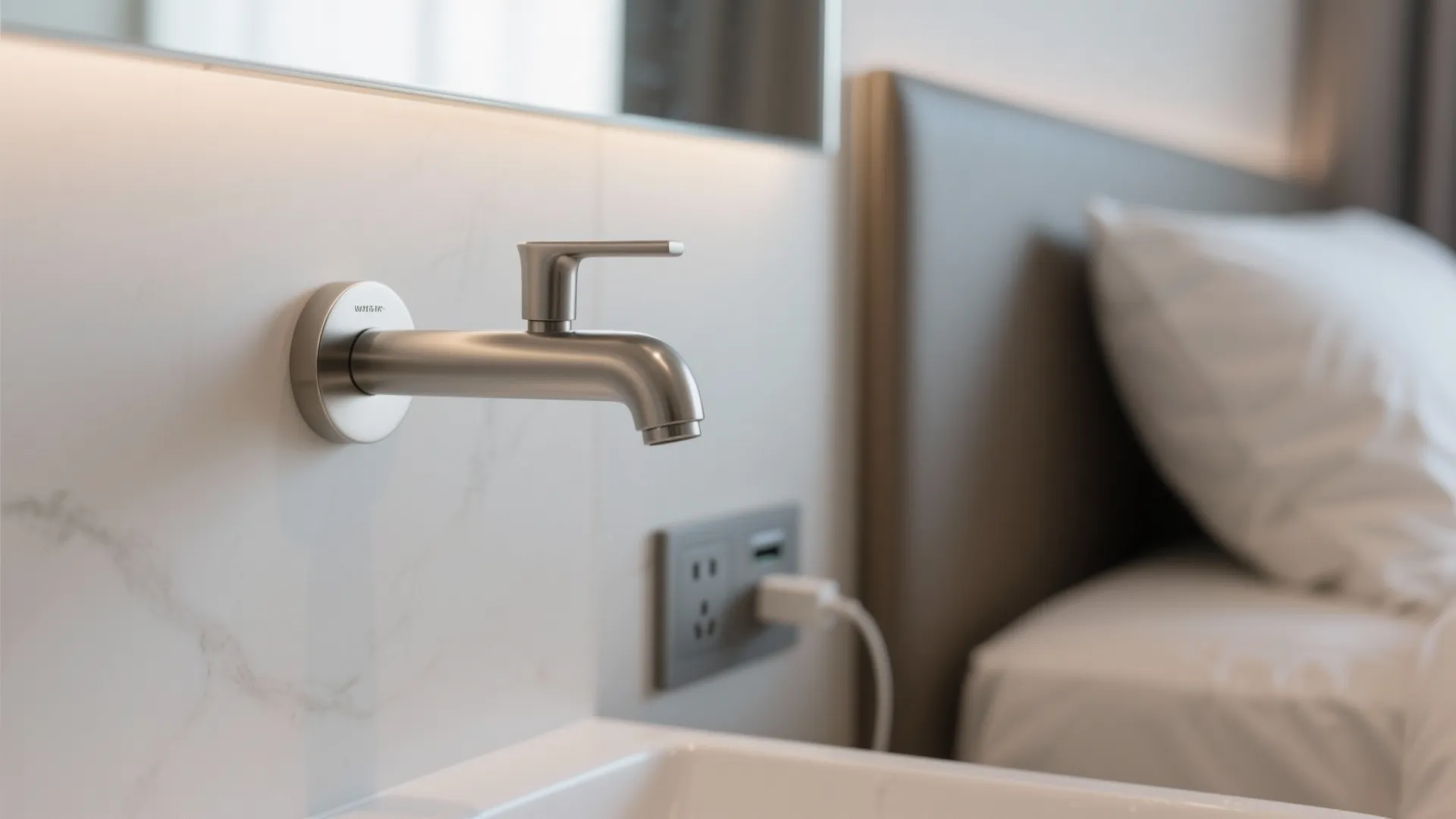 Modern wall mounted silver faucet next to a bed with white pillow and power outlet