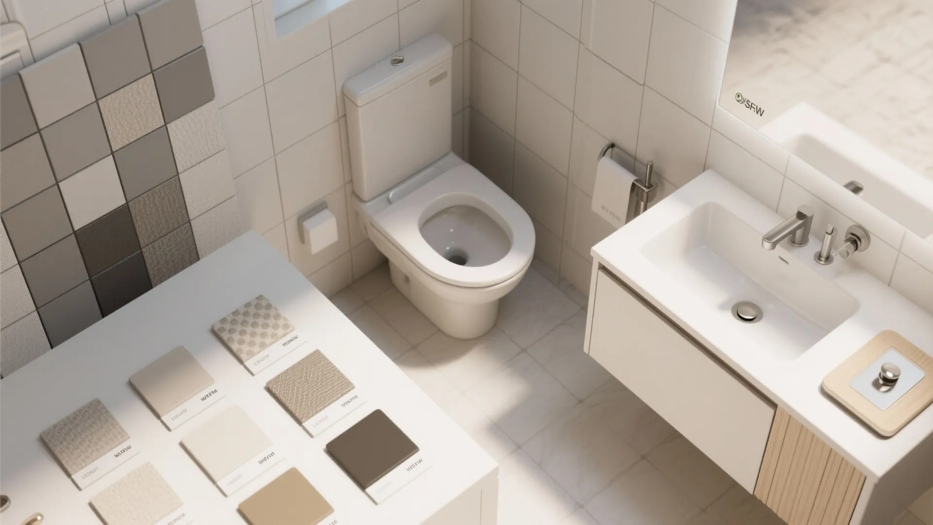 White bathroom interior with a toilet sink and various square tile samples on a side table