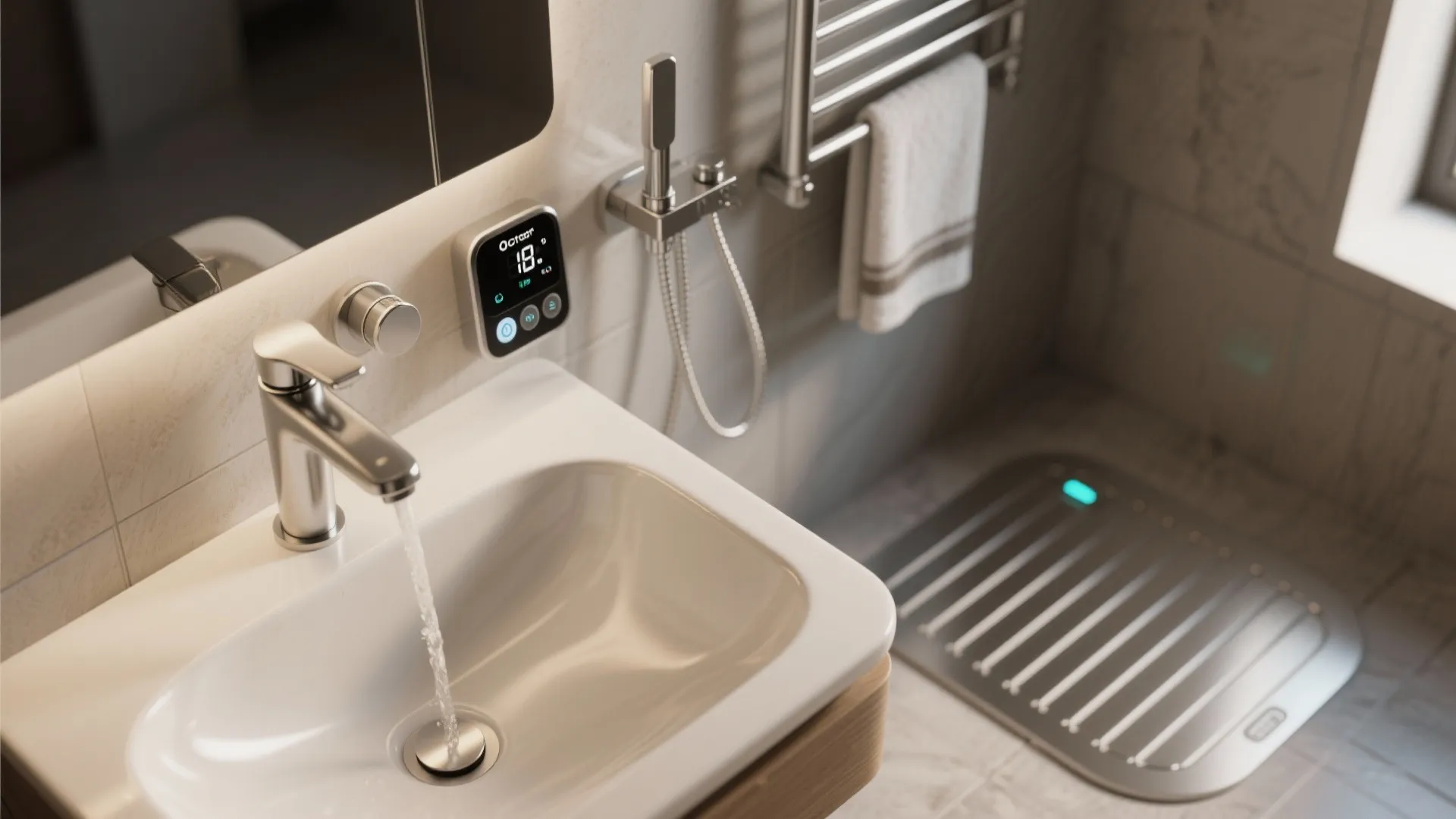 Smart bathroom sink with water faucet digital temperature control display towel rack and metal floor drain