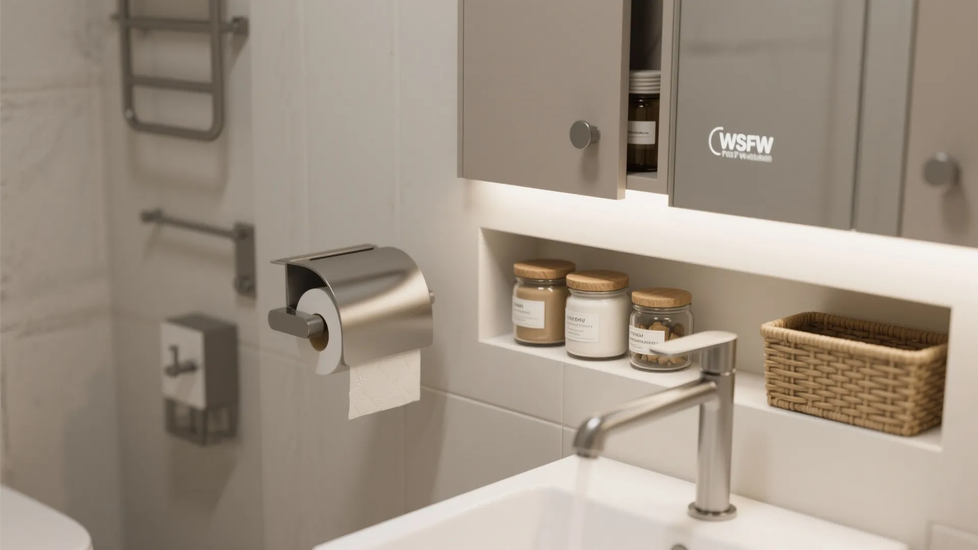Modern bathroom detail with a silver faucet sink cabinet mirror and a roll of paper