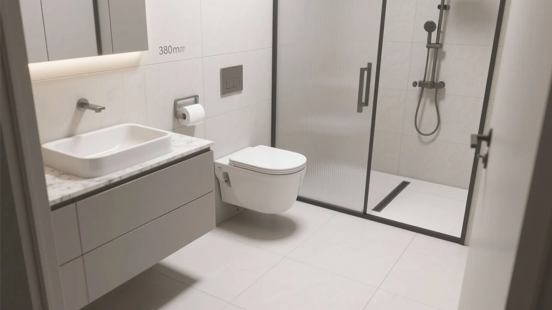 4) Smart fixtures: wall-hung WC, shallow vanity, linear drain