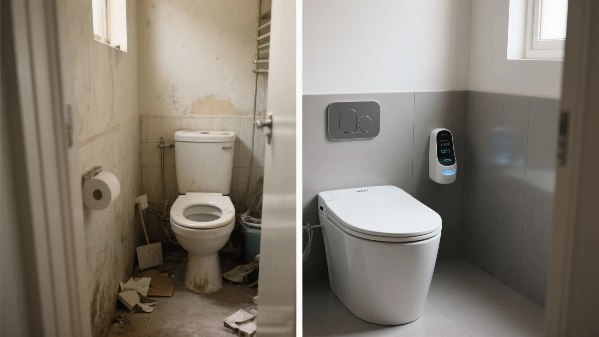 Before-and-after of a small bathroom commode upgrade to rimless toilet and touchless flush