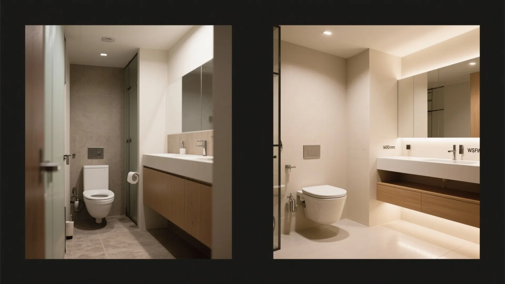 Before and after comparison of a standard small bathroom versus a modern lighting interior design drawing
