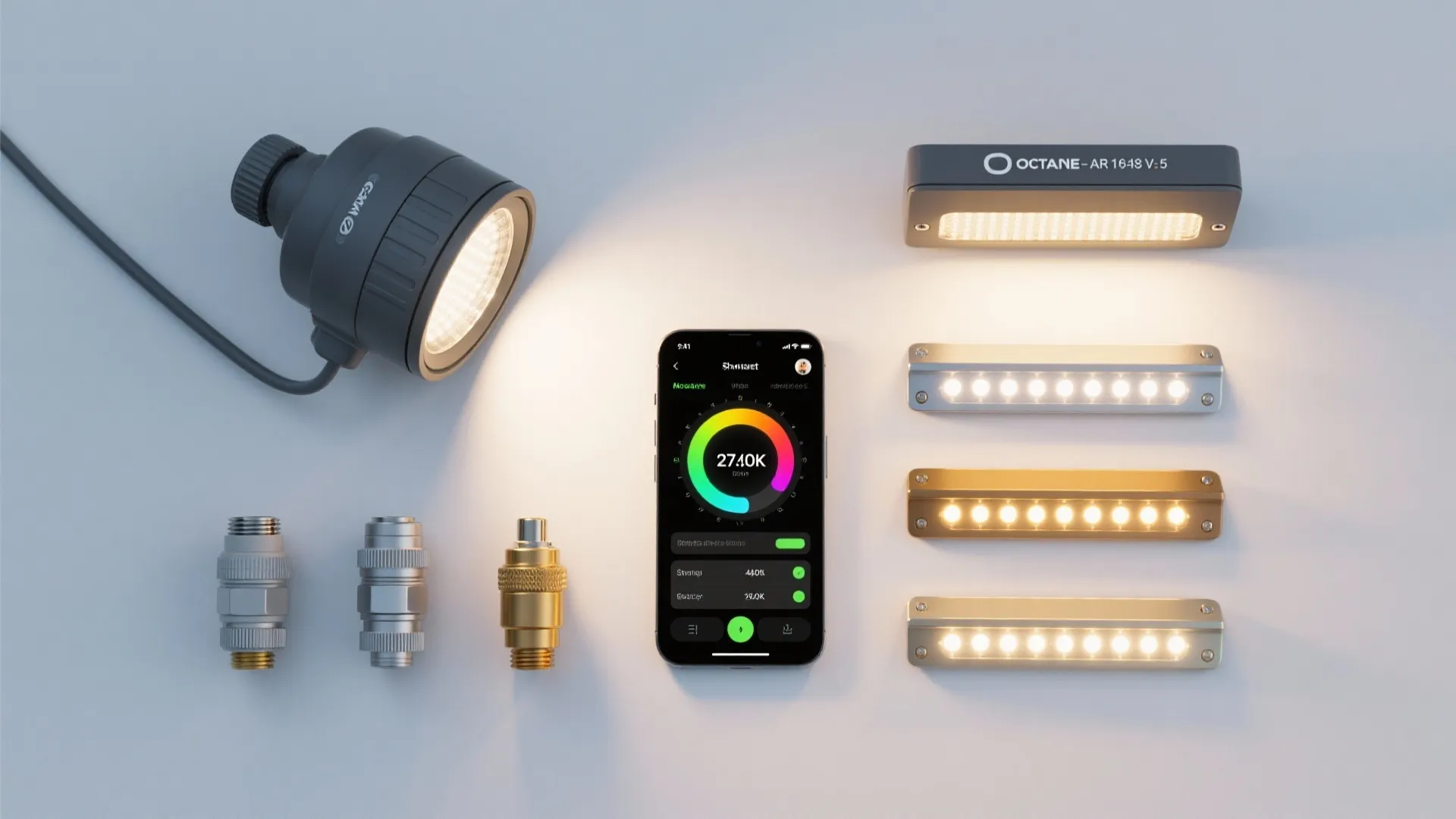 Flat lay of smart light fixtures featuring mobile app control for brightness and color temperature