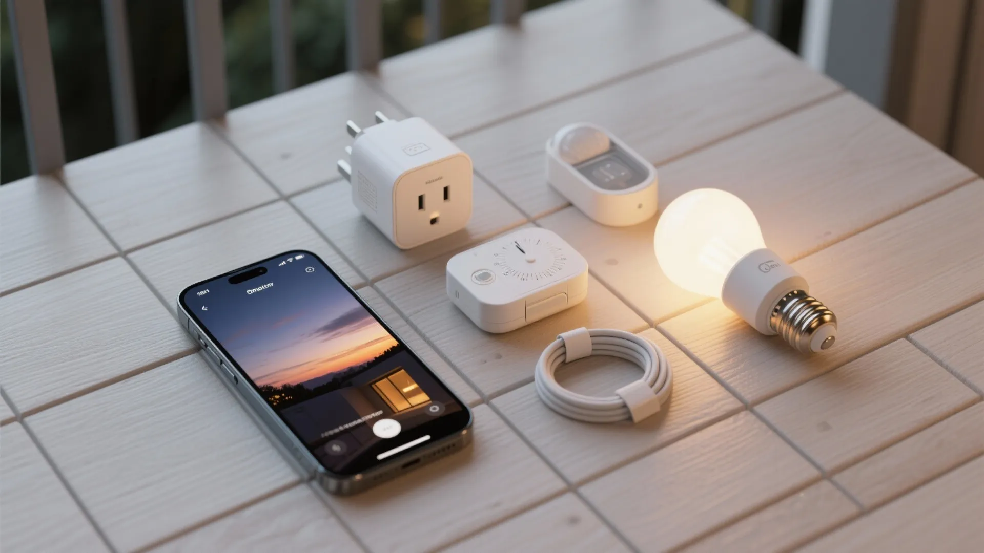 Smart home devices including a phone light bulb power plug and sensor on wooden table
