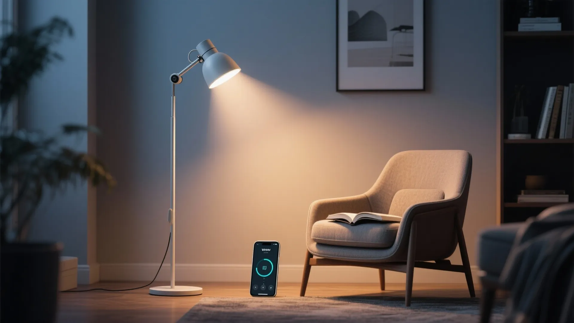 White floor lamp lighting an armchair with a mobile phone app controlling the light intensity