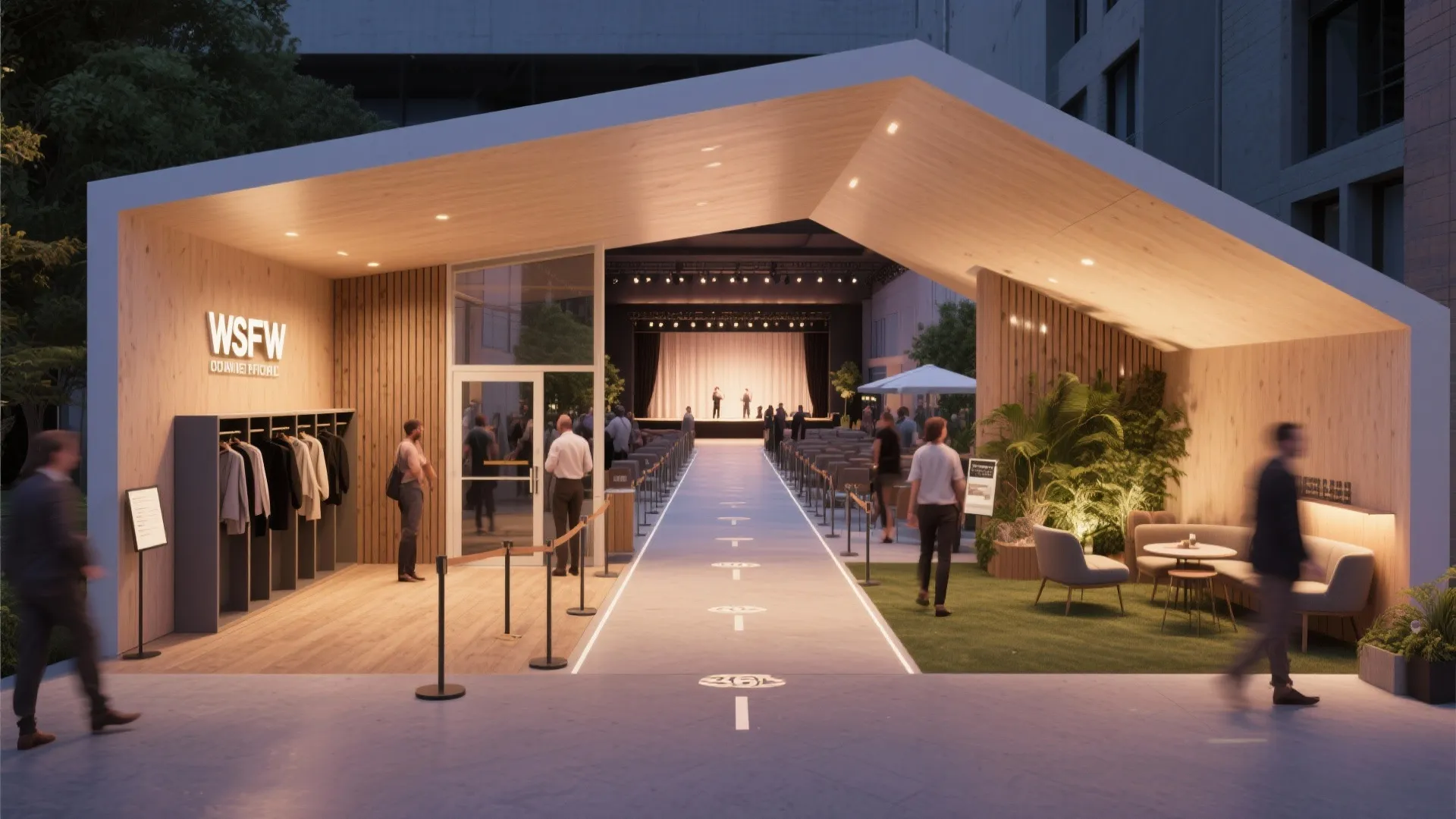Modern wooden pavilion entrance showing people walking on a pathway toward a brightly lit stage