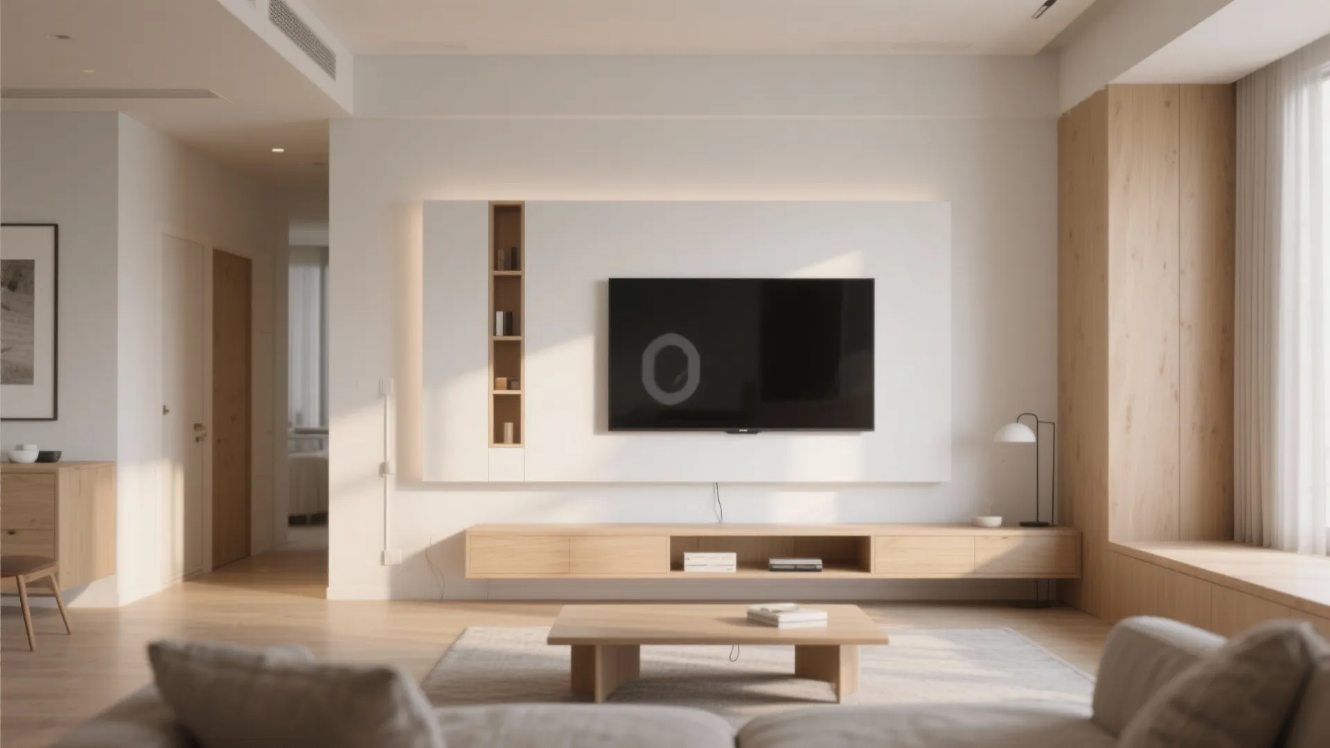 Modern living room with a television mounted on a white wall and wooden floor cabinet
