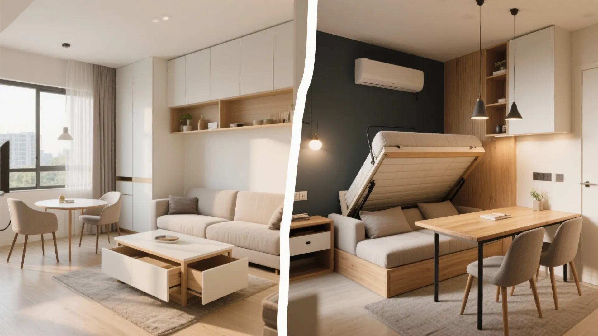 Comparison of living room with storage coffee table versus dining area with fold down wall bed