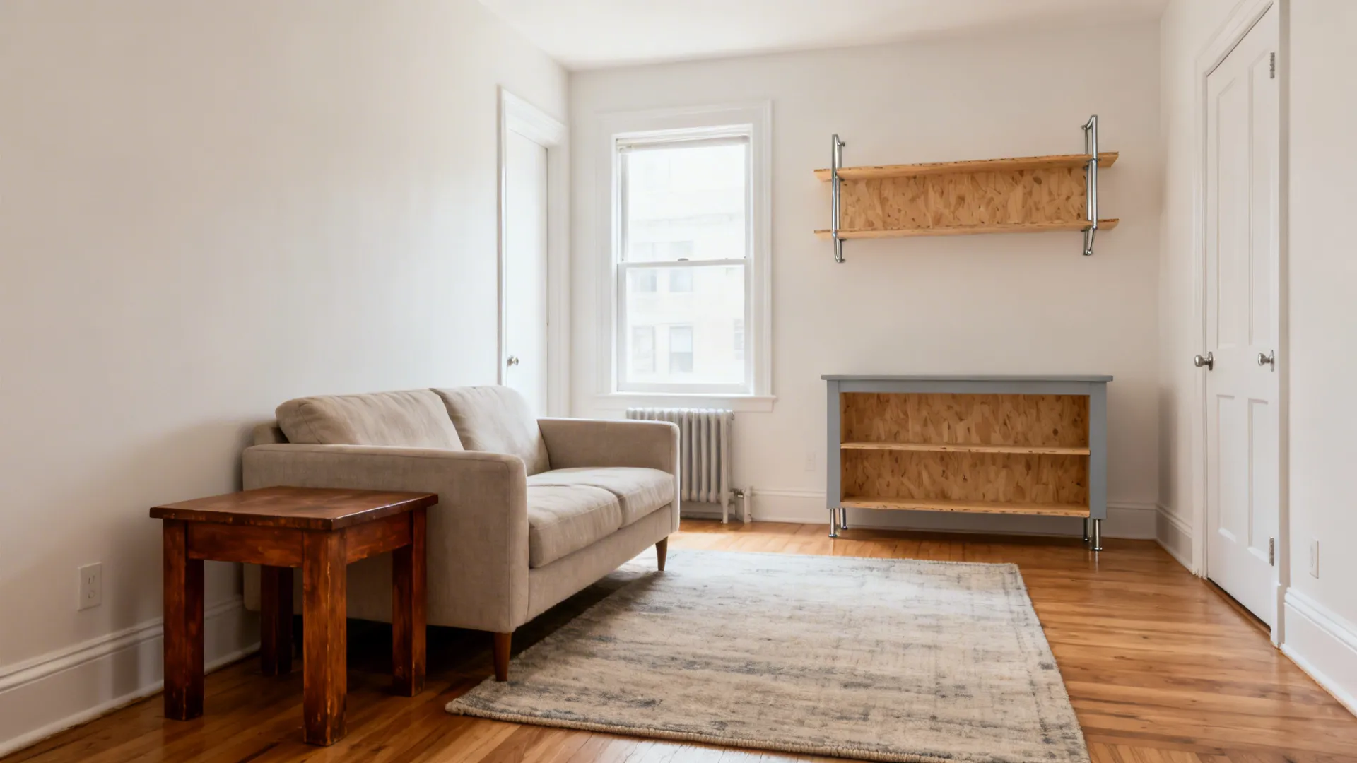 Small living space with a quality sofa, thrifted refinished side table, and a DIY painted plywood shelf unified by a large rug.