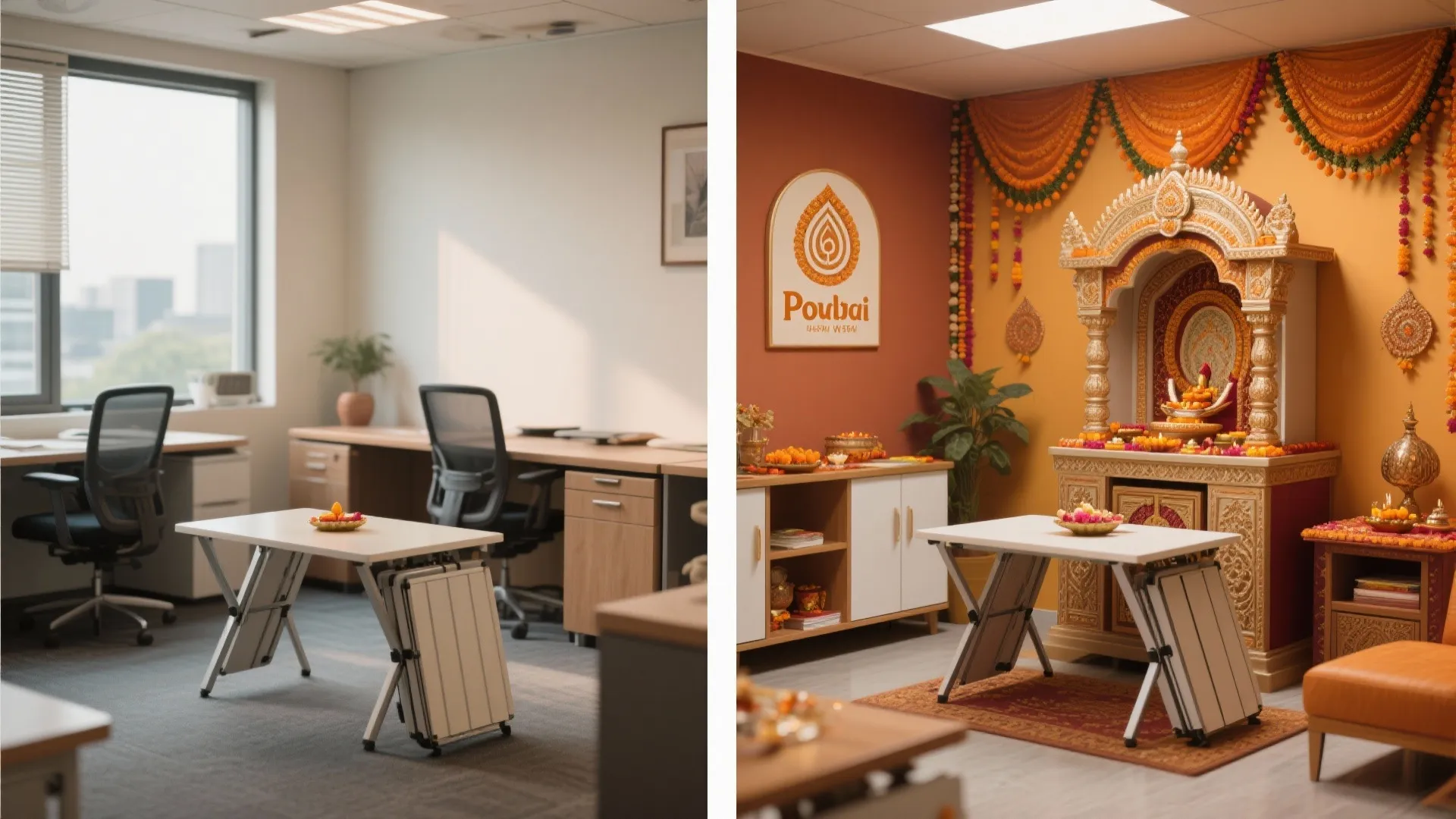 Compact office corner before and after adding foldable Pooja furniture