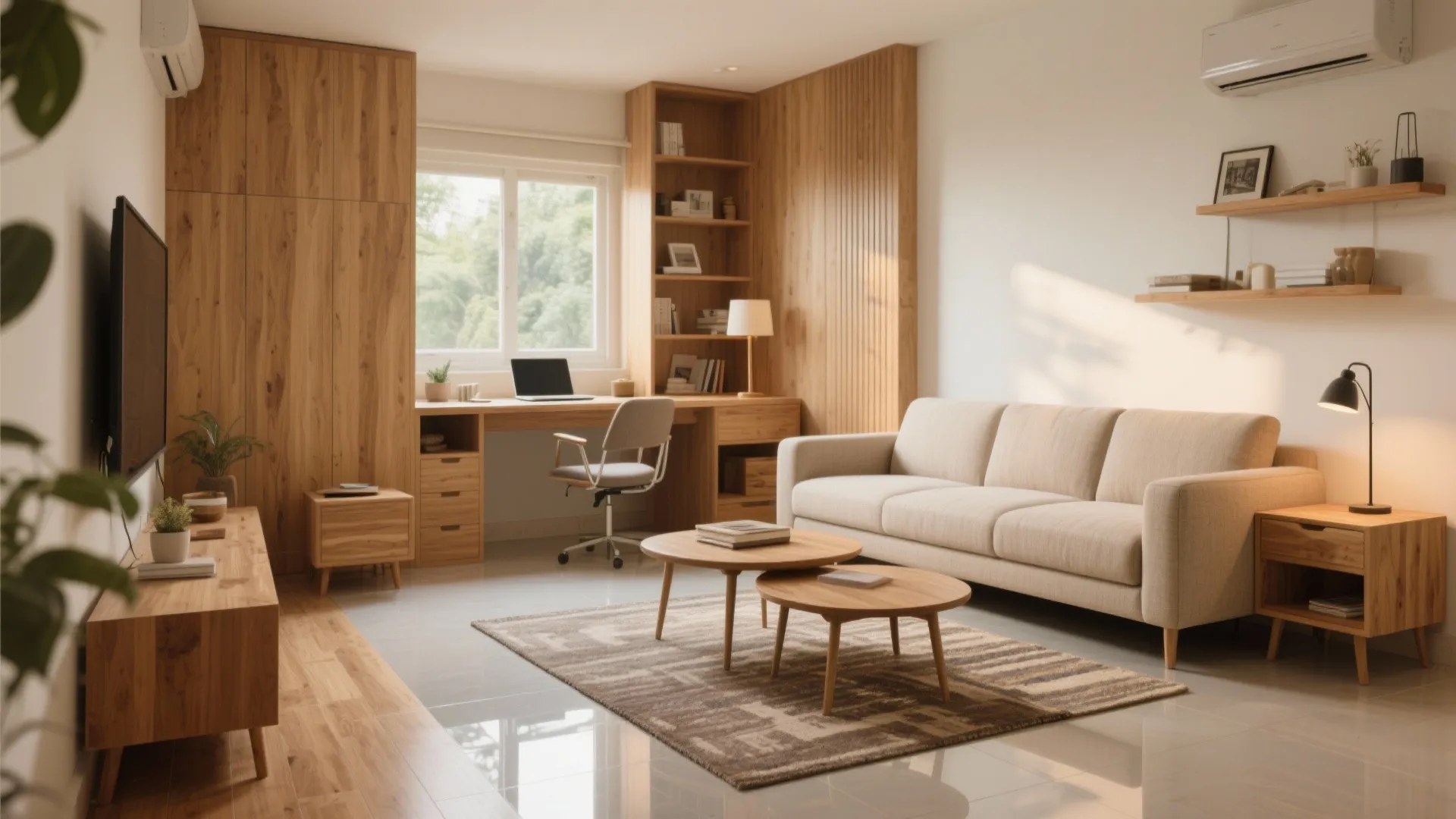 Modern home office with wooden desk, built-in bookshelf, beige sofa, round coffee tables, and sunlight