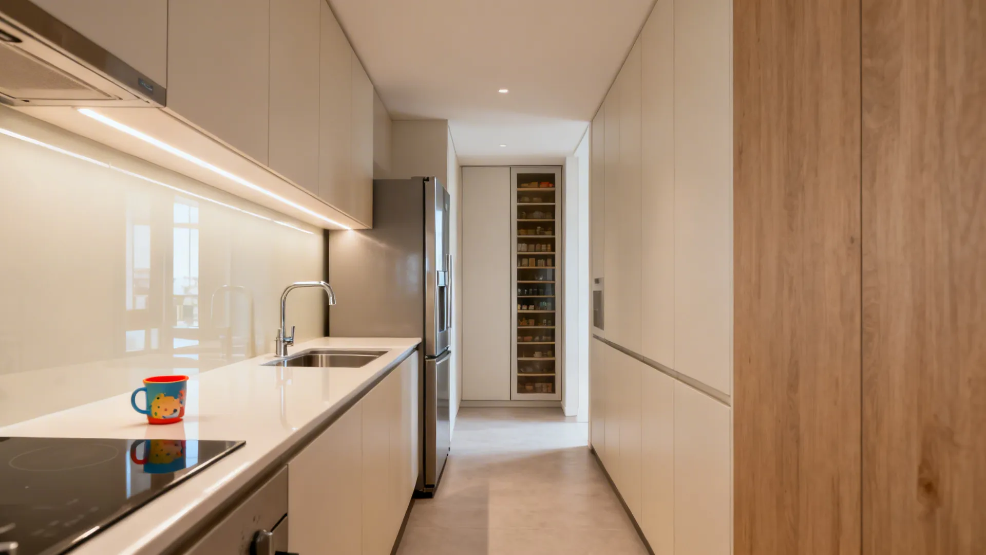 Efficient galley kitchen with 900–1000mm aisle, bright backsplash, and refined work triangle.