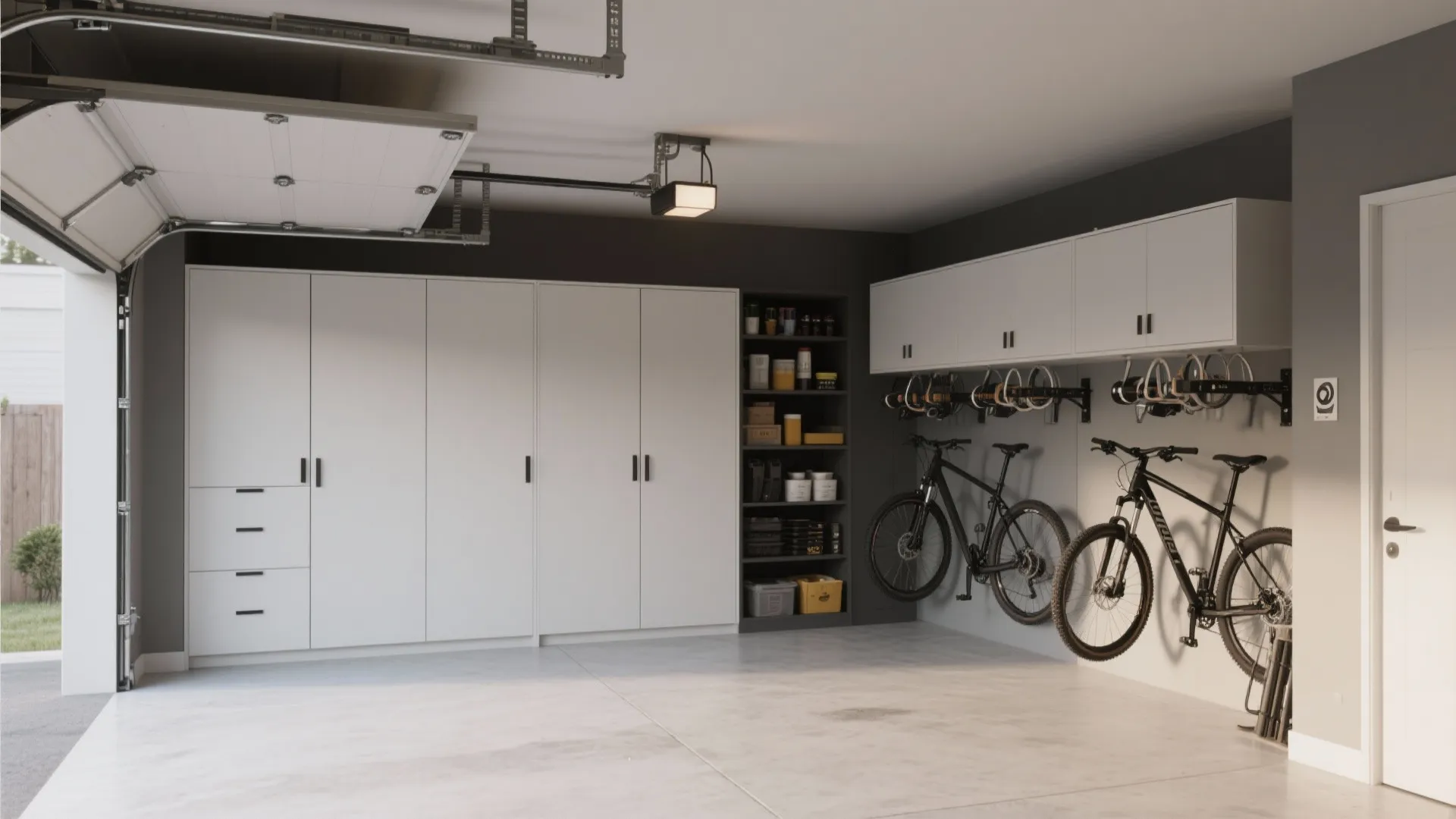 Garage with closed cabinets concealing tools and bicycle