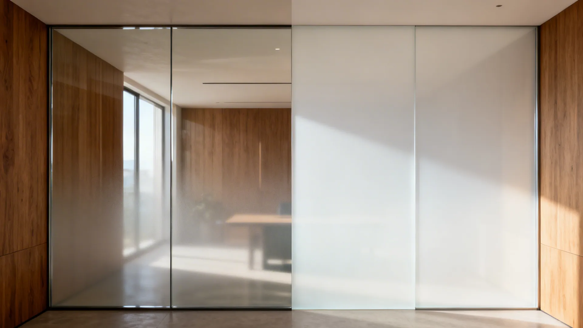 Smart glass partition shown half clear and half opaque to demonstrate switching.