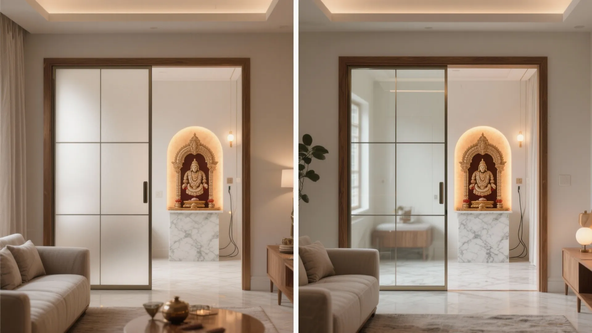 Before and after comparison of a sliding glass door changing from frosted to clear view