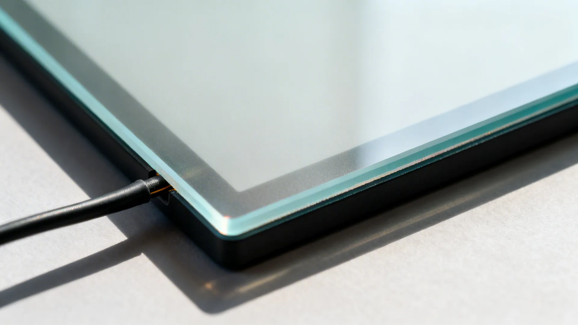 Macro of switchable smart glass edge with discreet power lead and clean finish.