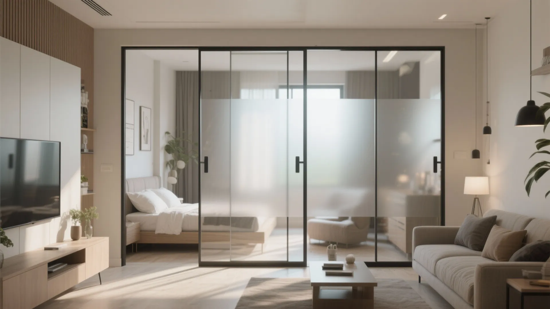 Interior design drawing with glass sliding doors separating a bright bedroom from a living area