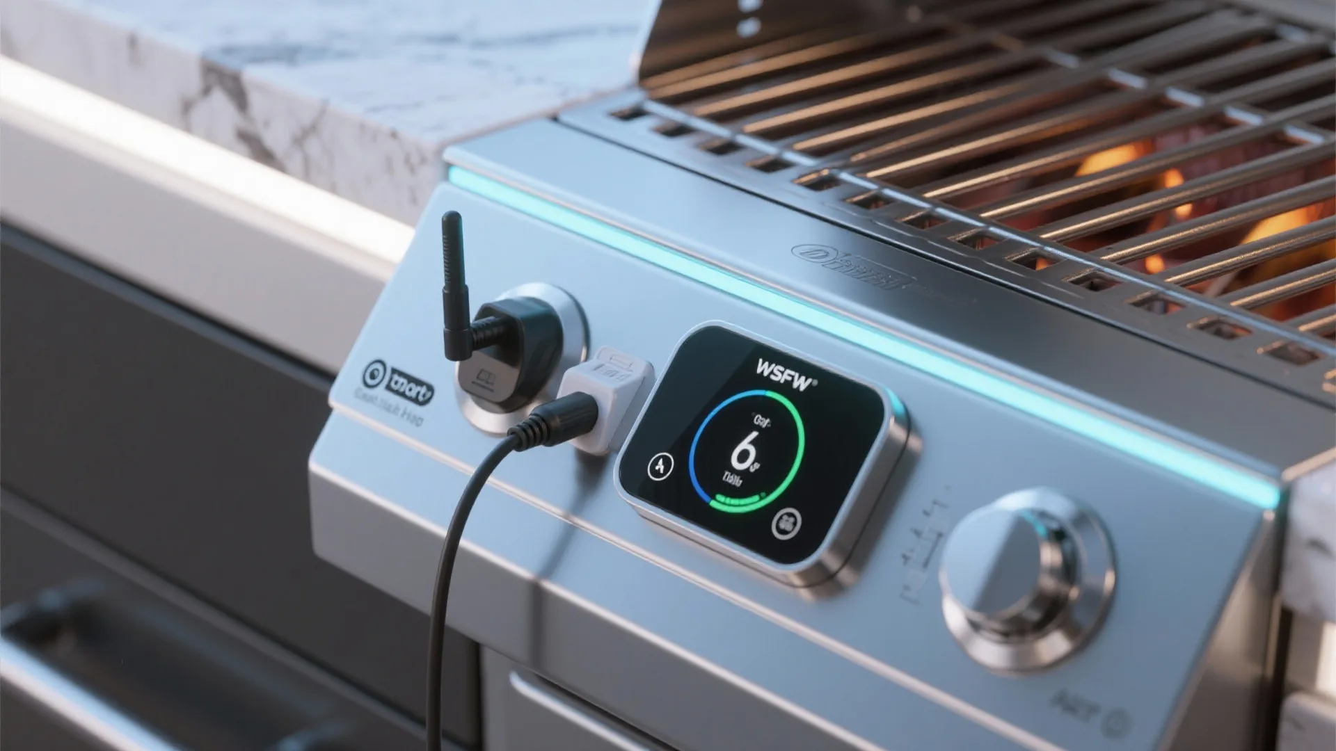 Stainless steel grill control panel with digital display showing temperature and a smart meat probe
