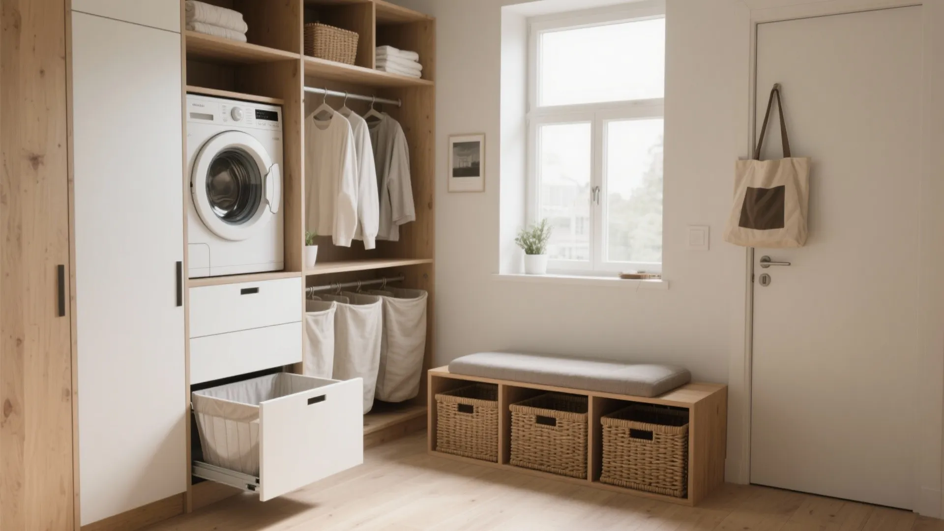 Laundry room featuring washing machine hanging clothes pull out storage bins and a wooden bench