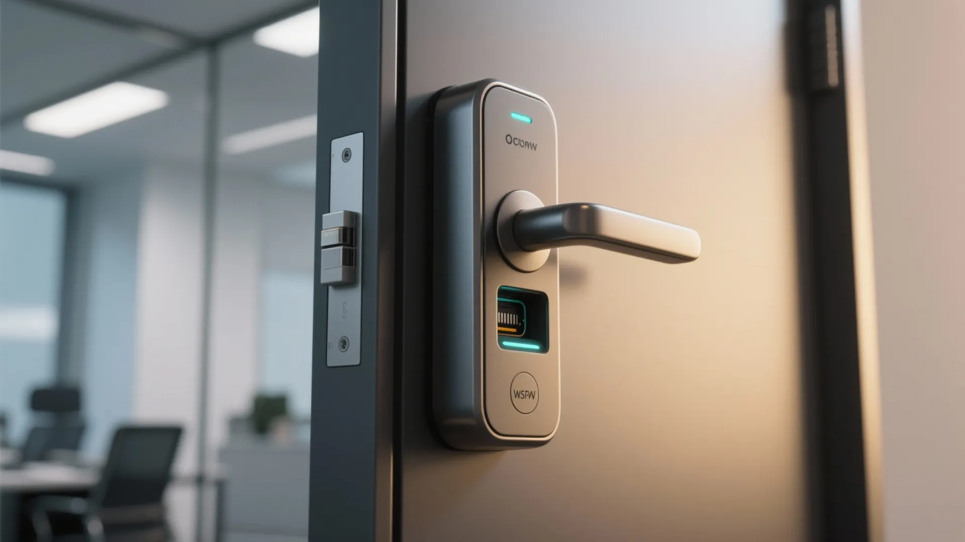 Modern electronic smart door lock with fingerprint scanner and metal handle on a grey door